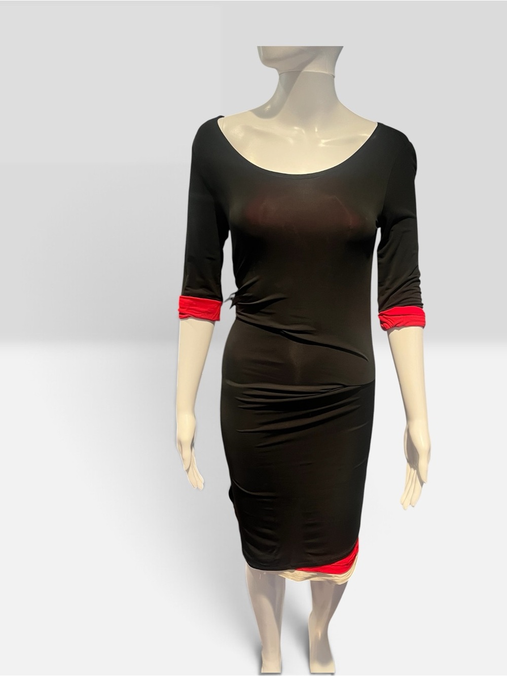 Donna Karan Collection Classic Black Jersey Body-con Dress with Red Accents - Picture 2 of 15